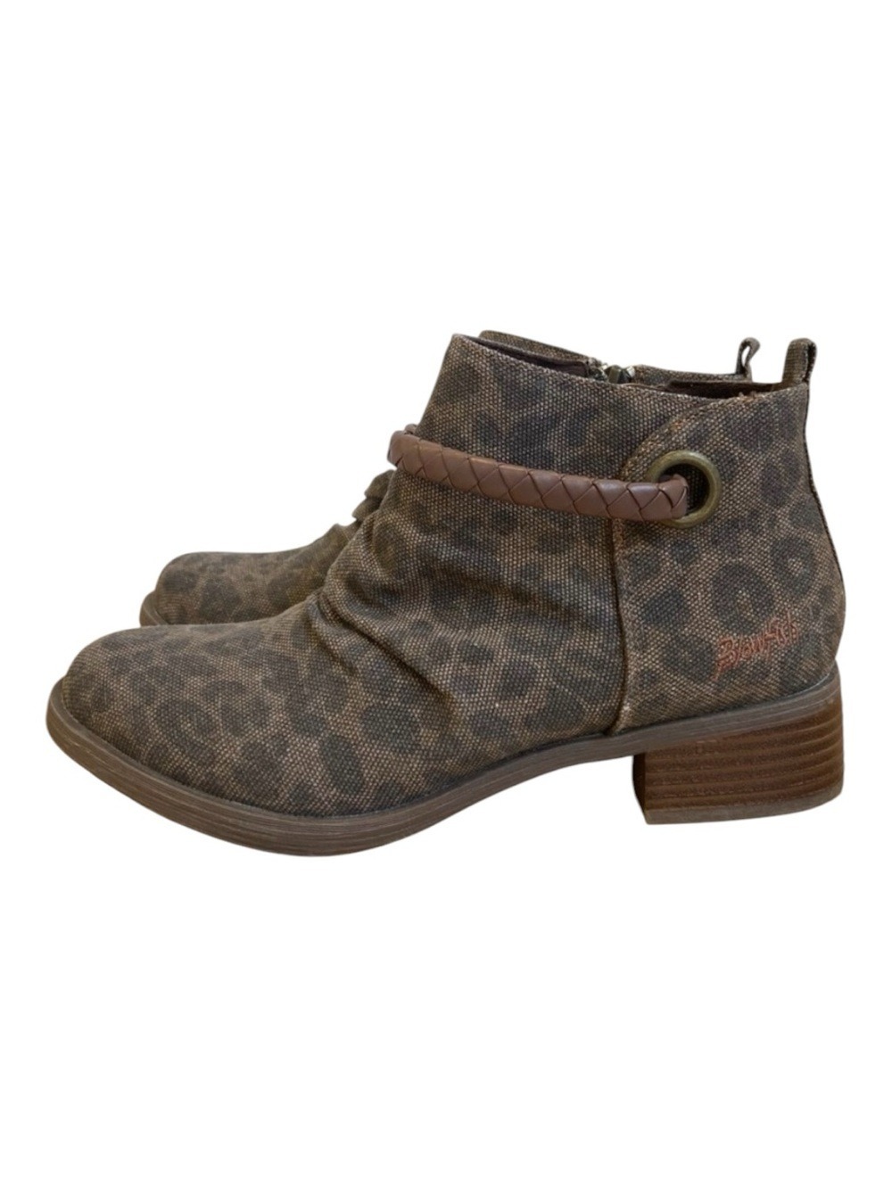 Blowfish Malibu Ankle boots leopard prints pattern almond toe side zip harness 6